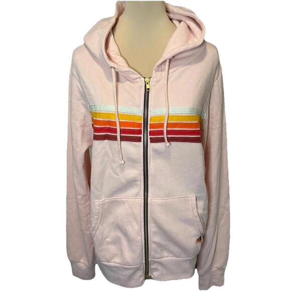 Aviator Nation Tops - Aviator Nation Full Zip Hoodie Med 5 Stripe Light Pink/Rainbow White NWT $196